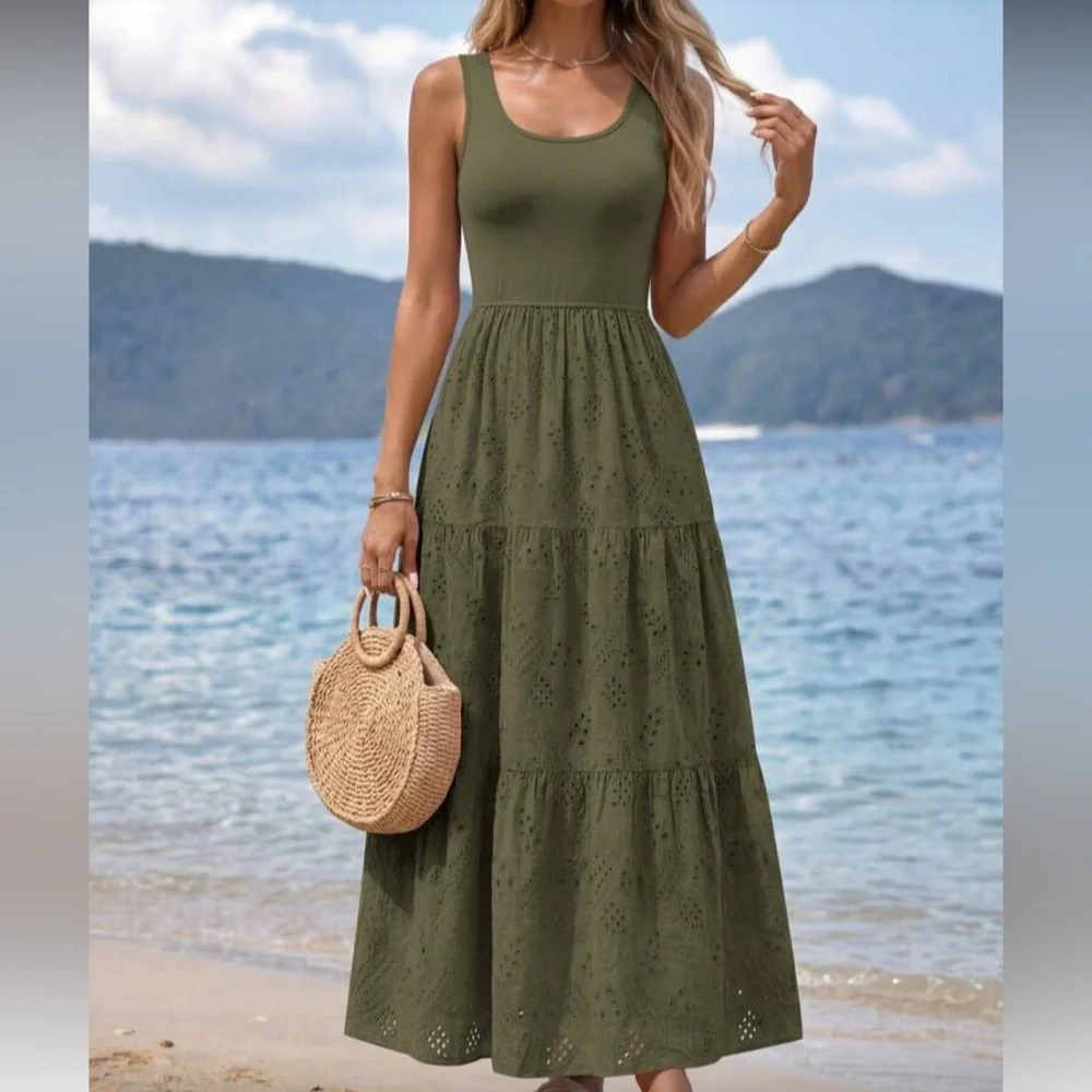 Army Green Tiered Eyelet Maxi Dress - Women